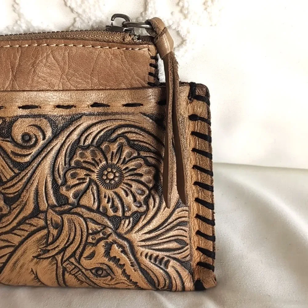 Western Artisan Hand Tooled Leather -Small Zip Pouchette